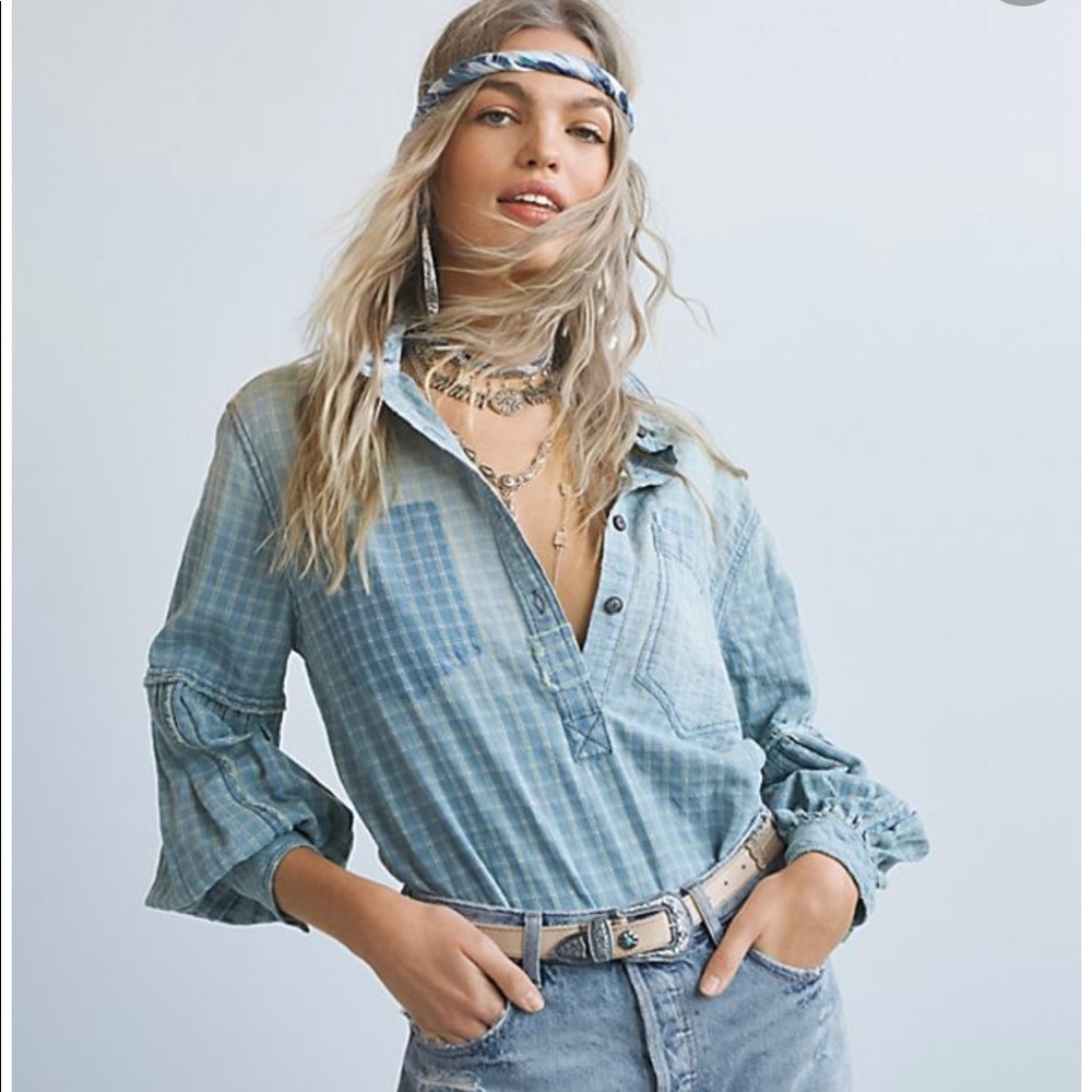 NWT Free People Glacier Bay Check Shirt S